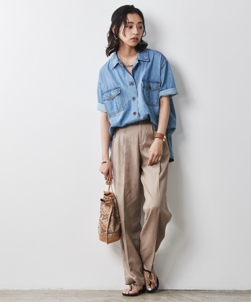 CHIC STYLE（シックスタイル）の「＜大きいサイズ＞綿100％アウトポケット半袖シャツ シックスタイル（シャツ/ブラウス・レディース・ブルー系/ベージュ・3L/5L/LL/4L/L）」の6枚目の写真