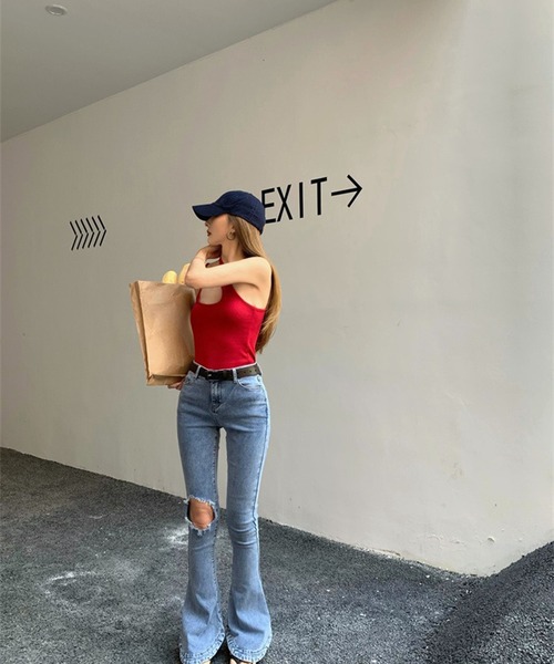 LYEON(リヨン)の「クラッシュフレアデニムパンツ(デニムパンツ・レディース・ブルー・FREE)」の5枚目の写真