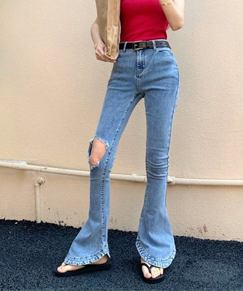 LYEON(リヨン)の「クラッシュフレアデニムパンツ(デニムパンツ・レディース・ブルー・FREE)」の11枚目の写真