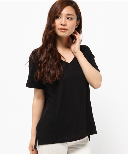 OUTLET（アウトレット）の「【Discoat Petit】粗杢VネックT（Tシャツ/カットソー・レディース・グレー/ブラック・FREE）」の2枚目の写真