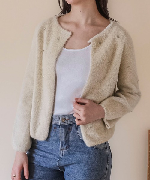 SAISON DE PAPILLON（セゾンドパピヨン）の「ダイヤモンドビジューニットカーディガン（カーディガン/ボレロ・レディース・ホワイト/ブラウン/ブラック/ベージュ/グレー/ブルーグレー・M/L）」の6枚目の写真