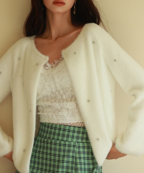 SAISON DE PAPILLON（セゾンドパピヨン）の「ダイヤモンドビジューニットカーディガン（カーディガン/ボレロ・レディース・ホワイト/ブラウン/ブラック/ベージュ/グレー/ブルーグレー・M/L）」の14枚目の写真