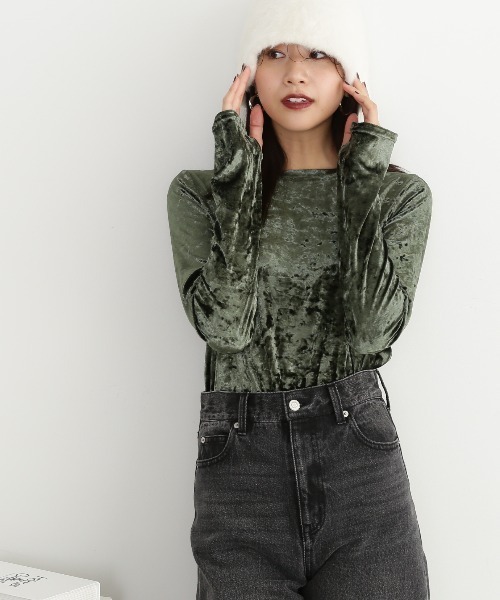 N.（N. Natural Beauty Basic）（エヌエヌナチュラルビューティーベーシック）の「◆クラッシュベロアフィンガーホールカットソー（Tシャツ/カットソー・レディース・グレー/ブルー/カーキ・MEDIUM）」の13枚目の写真