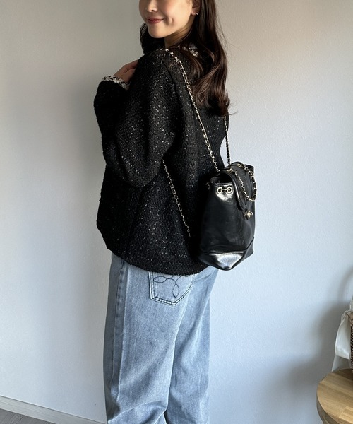 エコファー ボア ジャケット ツイード 異素材 ノーカラー 韓国 ワンフォークロージング 1111clothing アウター ジャケット