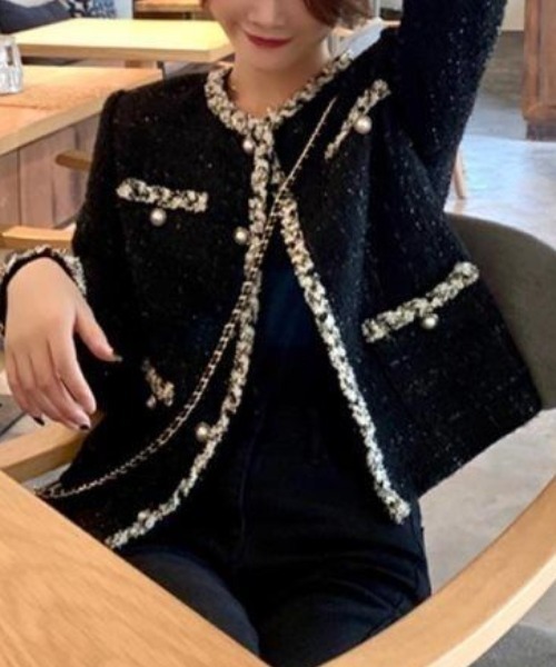 ツイードノーカラージャケット　ブラック、ゴールド　韓国　musinsa ツイードノーカラージャケット ブラック、ゴールド 韓国 musinsa