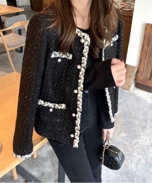 セール】【韓国オンニコーデに◎】ノーカラーツイードジャケット