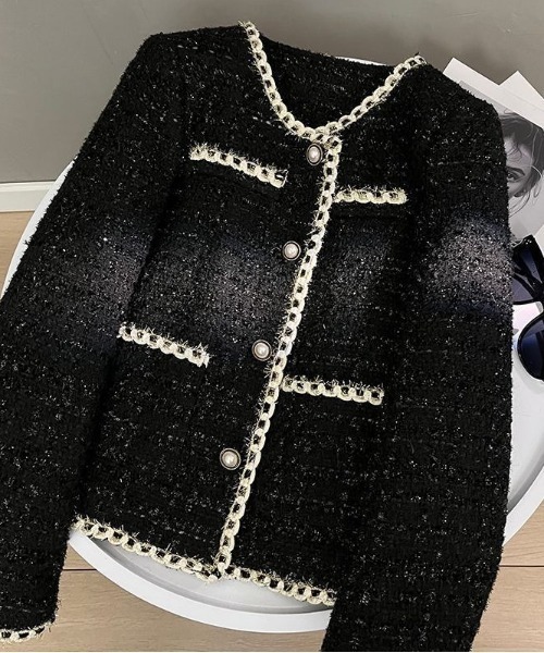 ツイードノーカラージャケット　ブラック、ゴールド　韓国　musinsa セール】【韓国オンニコーデに◎】ノーカラーツイードジャケット