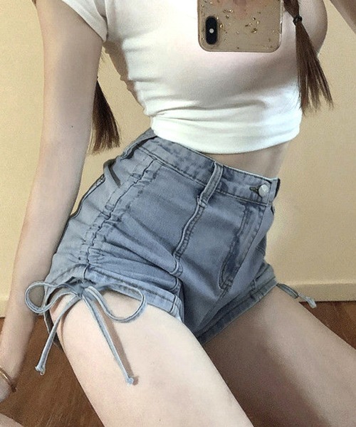Miniministore(ミニミニストア)の「ドロスト デニムショートパンツ 夏 美脚(デニムパンツ・レディース・サックスブルー/ブラック/インディゴブルー・L/XL/M)」の2枚目の写真
