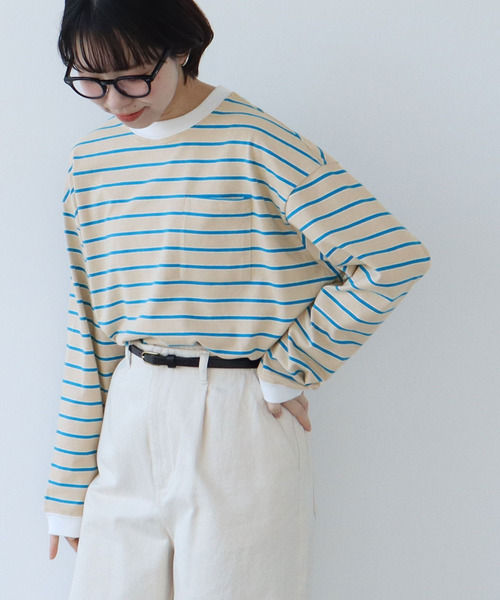 PAR ICI（パーリッシィ）の「マルチボーダー 長袖ポケットカットソー（Tシャツ/カットソー・レディース・チャコールグレー/ホワイト/ベージュ・FREE）」の3枚目の写真