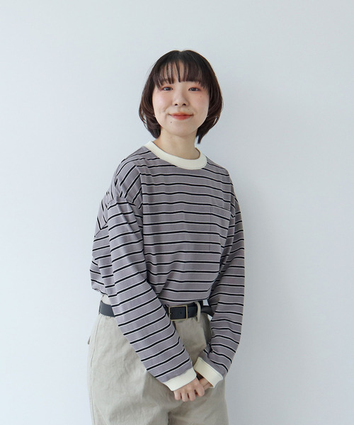 PAR ICI（パーリッシィ）の「マルチボーダー 長袖ポケットカットソー（Tシャツ/カットソー・レディース・チャコールグレー/ホワイト/ベージュ・FREE）」の2枚目の写真