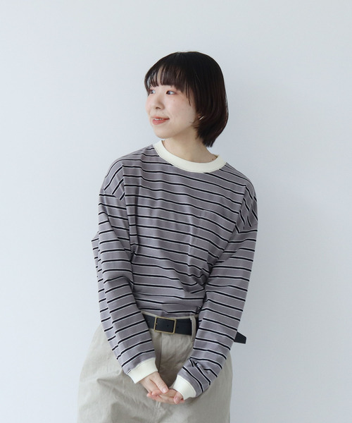 PAR ICI（パーリッシィ）の「マルチボーダー 長袖ポケットカットソー（Tシャツ/カットソー・レディース・チャコールグレー/ホワイト/ベージュ・FREE）」の9枚目の写真