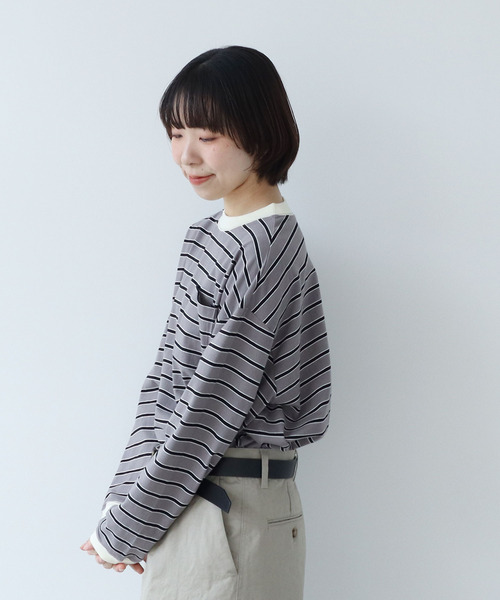 PAR ICI（パーリッシィ）の「マルチボーダー 長袖ポケットカットソー（Tシャツ/カットソー・レディース・チャコールグレー/ホワイト/ベージュ・FREE）」の7枚目の写真