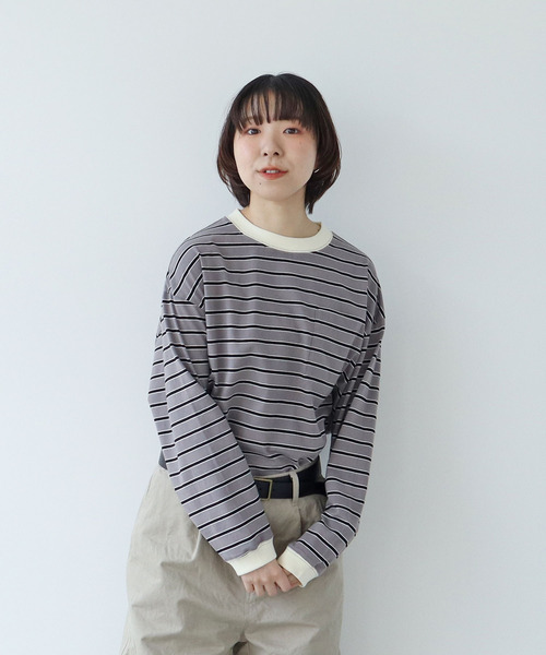 PAR ICI（パーリッシィ）の「マルチボーダー 長袖ポケットカットソー（Tシャツ/カットソー・レディース・チャコールグレー/ホワイト/ベージュ・FREE）」の10枚目の写真