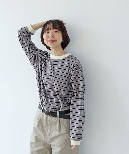 PAR ICI（パーリッシィ）の「マルチボーダー 長袖ポケットカットソー（Tシャツ/カットソー・レディース・チャコールグレー/ホワイト/ベージュ・FREE）」の8枚目の写真