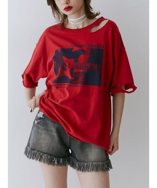 jouetie（ジュエティ）の「ダメージフォトBIG Tシャツ（Tシャツ/カットソー・レディース・ブラック/レッド/オフホワイト・MEDIUM）」の16枚目の写真