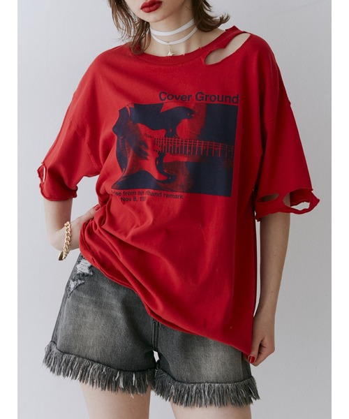 jouetie（ジュエティ）の「ダメージフォトBIG Tシャツ（Tシャツ/カットソー・レディース・ブラック/レッド/オフホワイト・MEDIUM）」の3枚目の写真