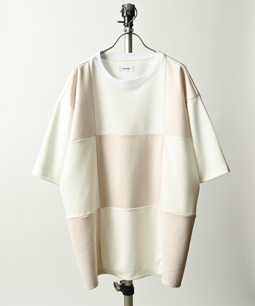 ATELANE(アテレーン)の「ATELANE/ストレッチポンチ×スエードポンチ ブロック切替 ルーズシルエットTEE(Tシャツ/カットソー・メンズ・ホワイト/ブラック・MEDIUM/LARGE)」の1枚目の写真