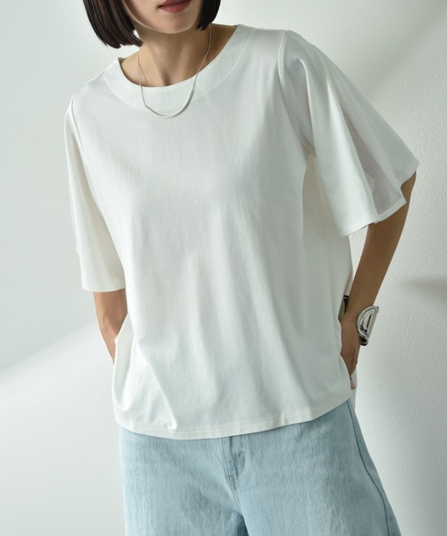 INTERPLANET（インタープラネット）の「袖フレアーメッシュプルオーバー（Tシャツ/カットソー・レディース・ブラック/オフホワイト/ブルー・FREE）」の15枚目の写真