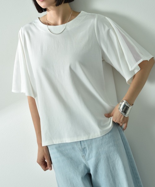 INTERPLANET（インタープラネット）の「袖フレアーメッシュプルオーバー（Tシャツ/カットソー・レディース・ブラック/オフホワイト/ブルー・FREE）」の21枚目の写真
