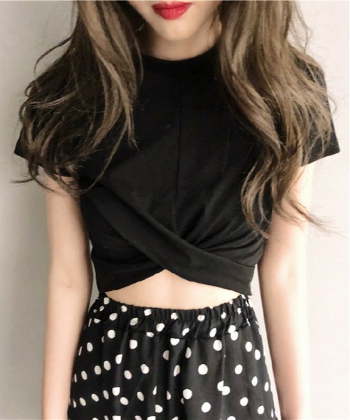 COMON+(コモンプラス)の「フロントクロスショートTシャツ(Tシャツ/カットソー・レディース・ブラック/ホワイト・L/M)」の5枚目の写真
