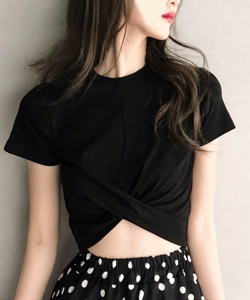 COMON+(コモンプラス)の「フロントクロスショートTシャツ(Tシャツ/カットソー・レディース・ブラック/ホワイト・L/M)」の4枚目の写真