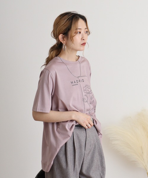 tシャツ BRODIAEA 線画フラワープリント半袖Tシャツ レディース tシャツ BRODIAEA フラワー線画プリント 極サラTシャツ