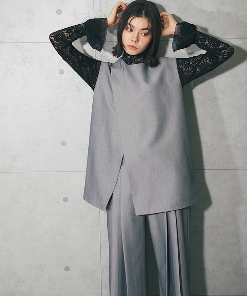 バックジップアシンメトリージレ＆プリーツワイドパンツセット（スーツ