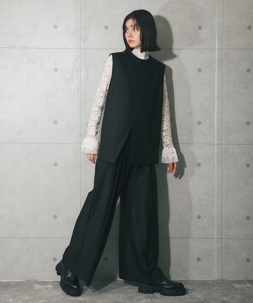 バックジップアシンメトリージレ＆プリーツワイドパンツセット（スーツ