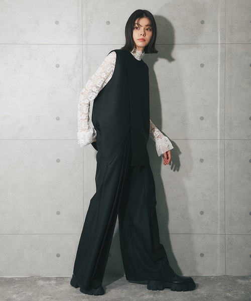 セール】バックジップアシンメトリージレ＆プリーツワイドパンツ