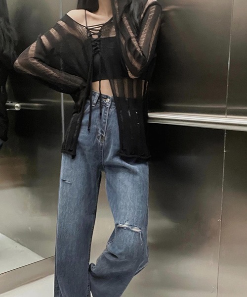 c.u.l(シーユーエル)の「Vネック ストライプシースルーニットトップス culw739(Tシャツ/カットソー・レディース・ブラック/ホワイト・FREE)」の7枚目の写真