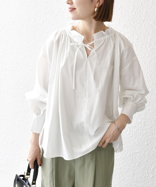 【セール】SHIPS any:〈洗濯機可能〉REPREVE ギャザー フリルネック リボン ブラウス（シャツ/ブラウス）｜SHIPS any（シップス エニィ）