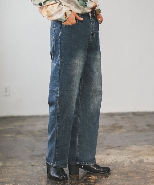 セール】ワイドストレートヴィンテージウォッシュデニムパンツ（デニム