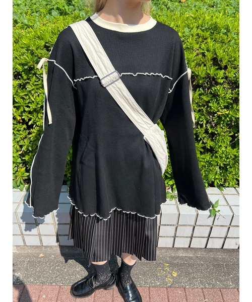 WC（ダブル シー）の「ショルダーリボンメロウワッフルロンT（Tシャツ/カットソー・レディース・アイボリー/ブラック/ピンク・FREE）」の12枚目の写真