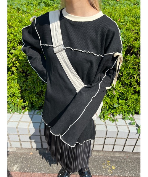 WC（ダブル シー）の「ショルダーリボンメロウワッフルロンT（Tシャツ/カットソー・レディース・アイボリー/ブラック/ピンク・FREE）」の14枚目の写真