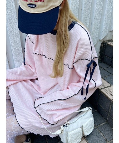 WC（ダブル シー）の「ショルダーリボンメロウワッフルロンT（Tシャツ/カットソー・レディース・アイボリー/ブラック/ピンク・FREE）」の15枚目の写真