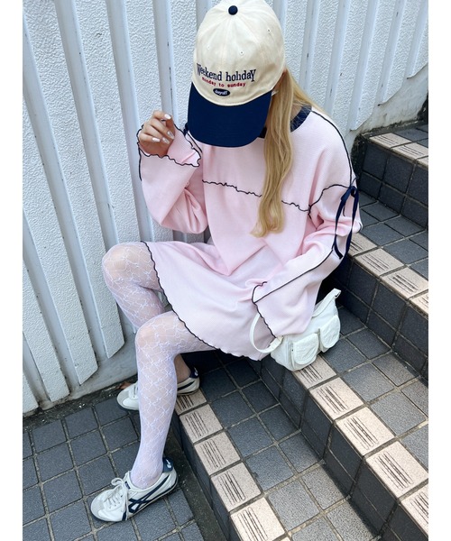 WC（ダブル シー）の「ショルダーリボンメロウワッフルロンT（Tシャツ/カットソー・レディース・アイボリー/ブラック/ピンク・FREE）」の16枚目の写真