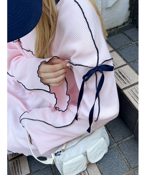 WC（ダブル シー）の「ショルダーリボンメロウワッフルロンT（Tシャツ/カットソー・レディース・アイボリー/ブラック/ピンク・FREE）」の17枚目の写真