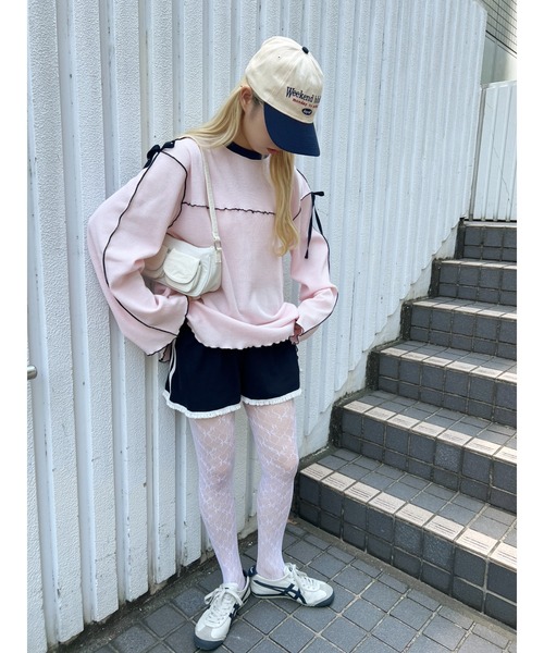 WC（ダブル シー）の「ショルダーリボンメロウワッフルロンT（Tシャツ/カットソー・レディース・アイボリー/ブラック/ピンク・FREE）」の19枚目の写真