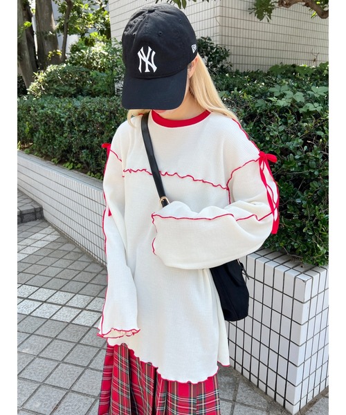 WC（ダブル シー）の「ショルダーリボンメロウワッフルロンT（Tシャツ/カットソー・レディース・アイボリー/ブラック/ピンク・FREE）」の7枚目の写真