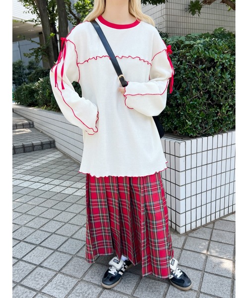 WC（ダブル シー）の「ショルダーリボンメロウワッフルロンT（Tシャツ/カットソー・レディース・アイボリー/ブラック/ピンク・FREE）」の8枚目の写真