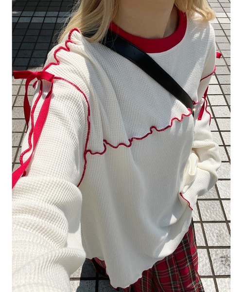 WC（ダブル シー）の「ショルダーリボンメロウワッフルロンT（Tシャツ/カットソー・レディース・アイボリー/ブラック/ピンク・FREE）」の10枚目の写真