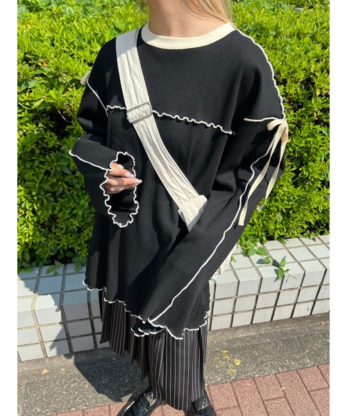 WC（ダブル シー）の「ショルダーリボンメロウワッフルロンT（Tシャツ/カットソー・レディース・アイボリー/ブラック/ピンク・FREE）」の11枚目の写真