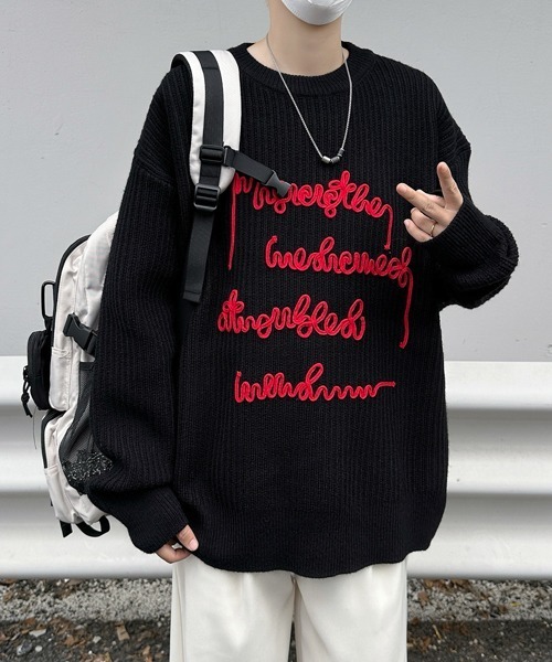 FVLMEN（フルメン）の「【FVLMEN】message logo stitch knit pullover/メッセージ ロゴ ステッチ ニット プルオーバー（ニット/セーター・メンズ・チャコールグレー/ブラック/レッド・MEDIUM/LARGE/X-LARGE）」の4枚目の写真