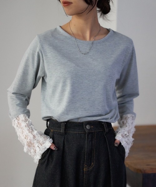 カラー レース切替 Tシャツ カットソードッキング 1 グレー ネイビー Tiaclasse tシャツ 刺繍レースドッキングカットソートップス