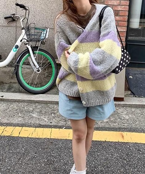 【美品】ヨーク　ボーダーカーディガン　オーバーサイズ カーディガン マルチボーダー オーバーサイズ シャギーニット