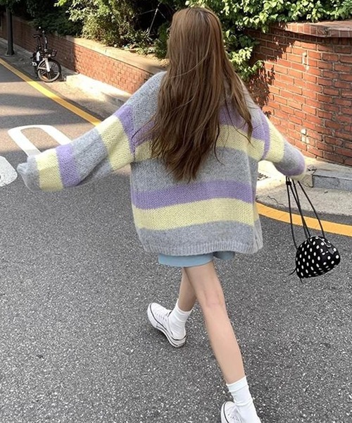 セール】カラフルボーダーオーバーサイズニットカーディガン
