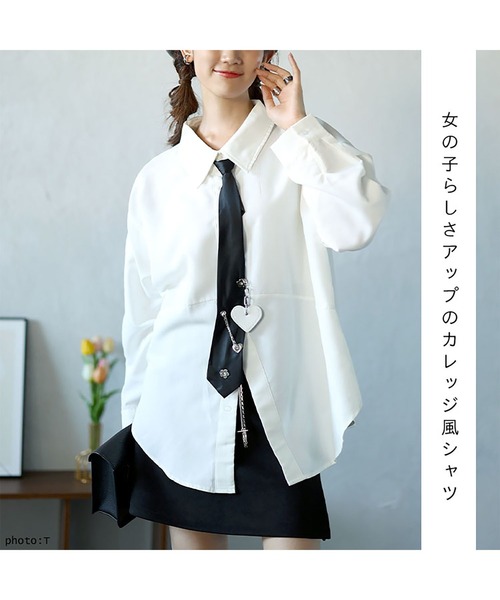 GOLDJAPAN(ゴールドジャパン)の「カレッジネクタイ付きロングシャツ【大きいサイズ対応】(シャツ/ブラウス・レディース・ブルー/ホワイト・LL/3L/4L/5L/6L)」の4枚目の写真