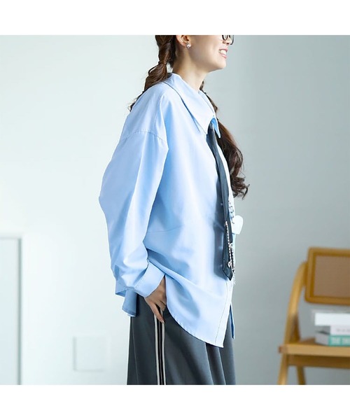 GOLDJAPAN(ゴールドジャパン)の「カレッジネクタイ付きロングシャツ【大きいサイズ対応】(シャツ/ブラウス・レディース・ブルー/ホワイト・LL/3L/4L/5L/6L)」の14枚目の写真