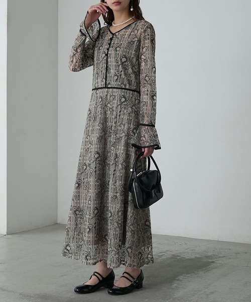 BONLECILL noir】サテンパイピング フラワーチェック柄総レース