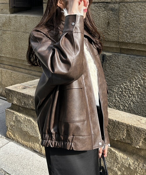 Thevon（ゼボン）の「ステンカラー合皮ブルゾン（ブルゾン・レディース・グレイッシュベージュ/ブラック/ブラウン・FREE）」の21枚目の写真